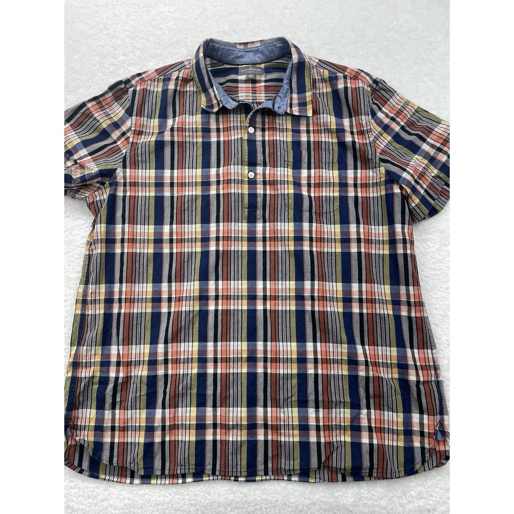 LL Bean 100% Cotton Half Button Up Shirt Mens XL Slim Signature Blue Check‎